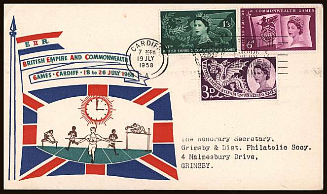 view larger back view image for Commonwealth Games set of three on a colour illustrated neatly typed addressed FDC cancelled with the CARDIFF slogan cancel reading ''EMPRIRE & COMMONWEALTH GAMES'' dated 18 JUL 1958 
<br/><b>QQR</b>