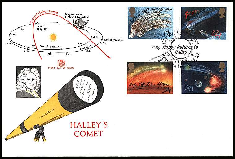 view larger back view image for Halley's Commet set of four on an unaddressed Stuart FDC cancelled with a OLD ROYAL OBSERVATORY - GREENWICH - LONDON SE10 handstamp  dated 14 JAN 1986