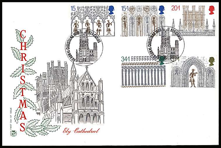 view larger back view image for Christmas set of five on an unaddressed Stuart FDC cancelled with two strikes of CHRISTMAS - ELY - CAMBS handstamp dated 14 NOV 89