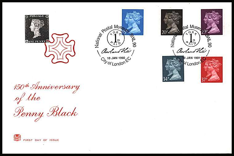 view larger back view image for 150th Anniversary of the Penny Black set of five on an unaddressed STUART FDC cancelled with two strikes of NATIONAL POSTAL MUSEUM - CITY OF LONDON EC handstamp dated 10 JAN 1990. 	