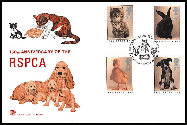 view larger back view image for 150th Anniversary of Royal Society for Prevention of Cruelty to Animals (RSPCA) on an unaddressed STUART FDC cancelled with 150 YEARS CARING FOR ANIMALS - HORSHAM dated 23 JANUARY 1990.