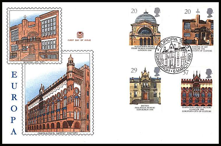view larger back view image for EUROPA - Glasgow City of Culture set of four on an unaddressed STUART FDC cancelled with EUROPA 1990 - EDINBURGH handstamp dated 6 MARCH 1990.