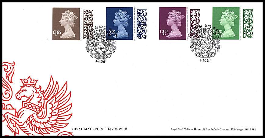 view larger back view image for New Definitives - Barcode set of four on an unaddressed official Royal Mail FDC cancelled with the official alternative FDI cancel for WINDSOR dated 4-4-22