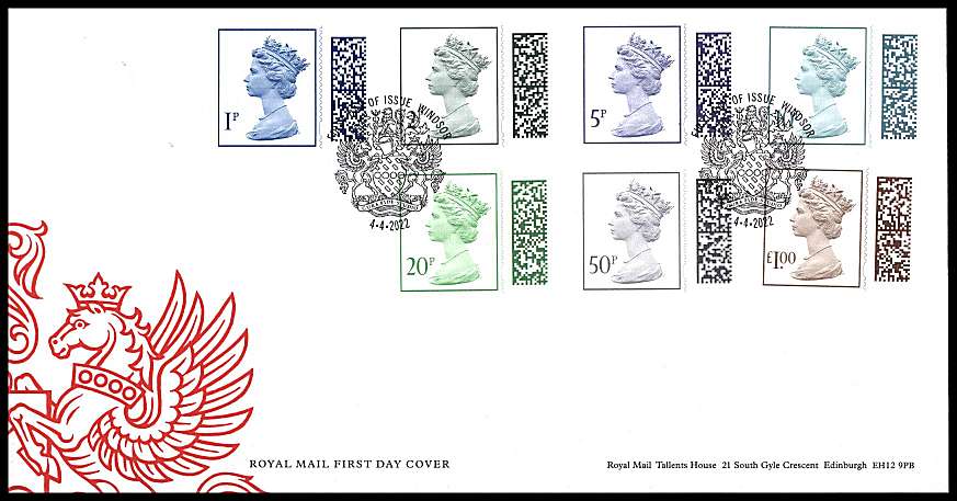 view larger back view image for 	New Definitives - Barcode Low values set of seven on an unaddressed official Royal Mail FDC cancelled with the official alternative FDI cancel for WINDSOR dated 4-4-2022