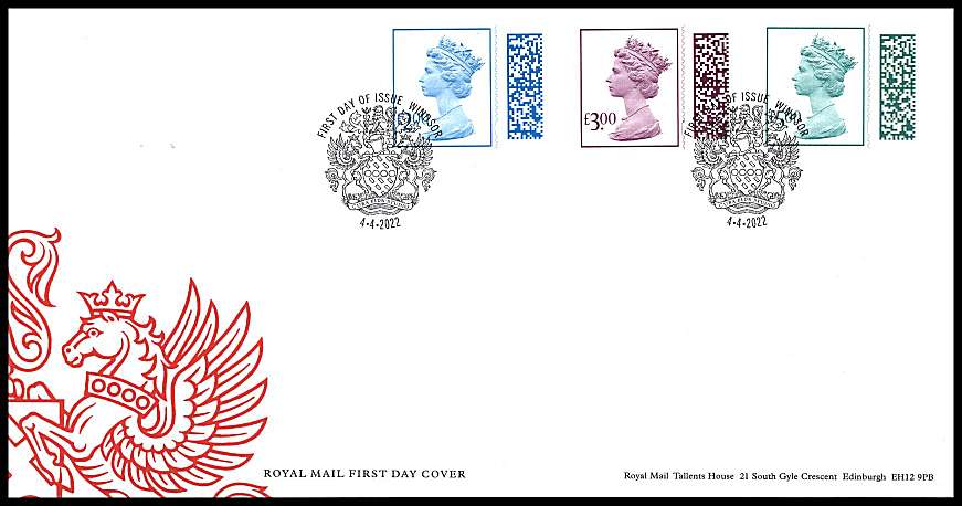 view larger back view image for New Definitives - Barcode High values set of three on an unaddressed official Royal Mail FDC cancelled with the official alternative FDI cancel for WINDSOR dated 4-4-2022 	