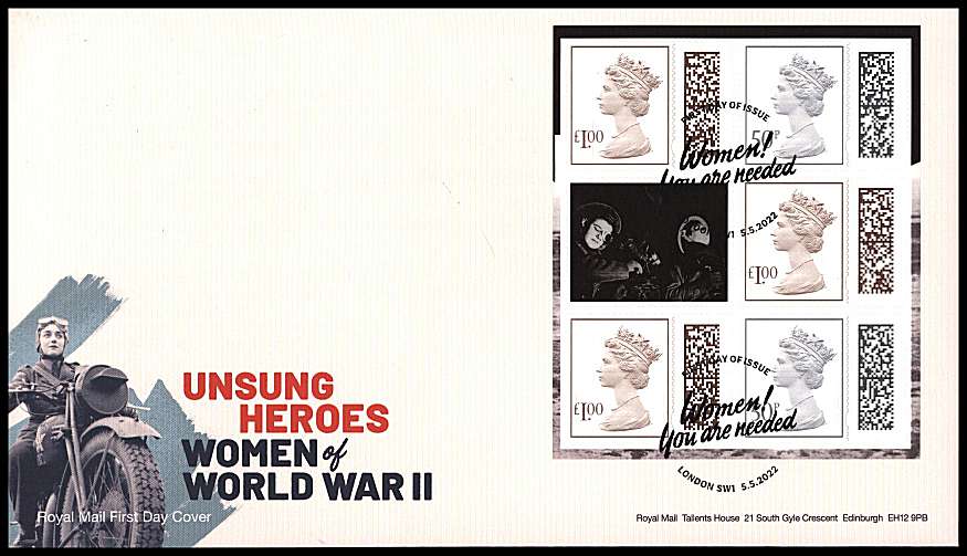 view larger back view image for Unsung Heroes - Women of WWII booklet pane  on an unaddressed official Royal Mail FDC cancelled with the official alternative FDI cancel for LONDON SW1  dated 5-5-2022