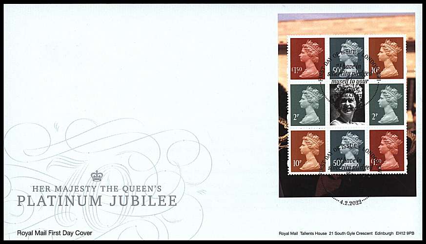 view larger back view image for Queen's Platinum Jubilee booklet pane on an unaddressed official Royal Mail FDC cancelled with the official alternative FDI cancel for LONDON SW1 dated 4-2-2022