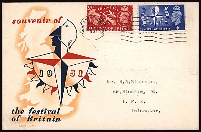 view larger back view image for Festival of Britain set of two on a neatly typed colour FDC produced by famous dealer WINGFIELD featuring the exhibition logo cancelled with a NEWCASTLE ''wavy'' line dated 3 MAY 1951
<br/><b>QQX</b>