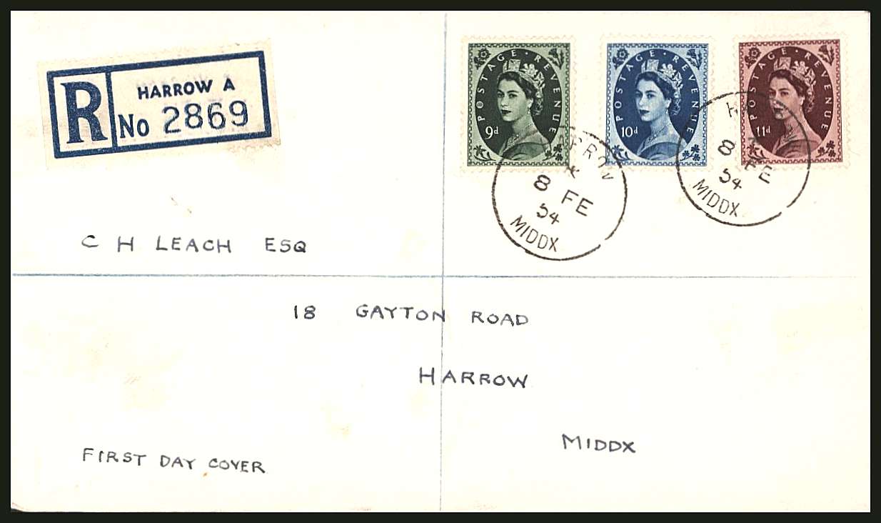view larger back view image for The TUDOR CROWN 9d, 10d and 11d on a plain neatly addressed REGISTERED FDC clearly and firmly cancelled with two strikes of the HARROW - MIDDX steel CDS clearly dated 8 FE 54. SG Cat £250  
<br/><b>QZC</b>