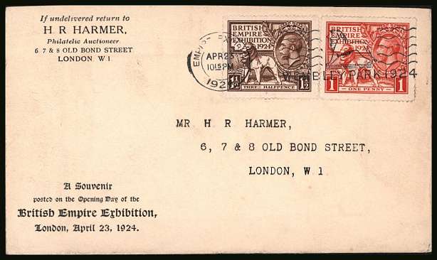 view larger back view image for The 1924 ''Wembley'' set of two famous ''H.R.HARMER'' illustrated buff paper FDC with printed cachet addressed to themselves cancelled with the EMPIRE EXHIBITION slogan clearly dated APR 23 1924. With enclosed letter.  Stunning cover!<br/><b>QZC</