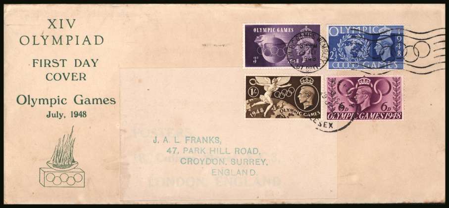view larger back view image for Olympic Games set of four on an FDC produced by famous dealer J.A.L. FRANKS cancelled with OLYMPIC GAMES - WEMBLEY ''slogan' cancel clearly dated 29 JLY 1948. Note this cover was produced on buff paper.
<br/><b>QZC</b>