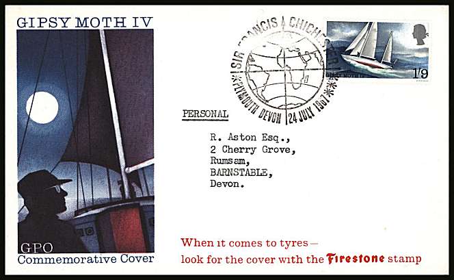 view larger back view image for Sir Francis Chichester on illustrated typed address official GPO FDC cancelled with the special GLOBE - PLYMOUTH DEVON cancel dated 24 JULY 1967.<br/>
Note this cover has the Red imprint for FIRESTONE tyres at foot.

<br/><b>QZC</b>