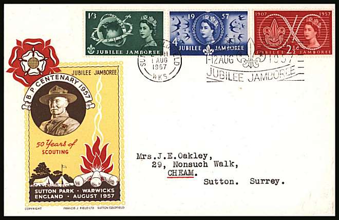 view larger back view image for World Scout Jubilee Jamboree set of three on a neatly typed addressed illustrated OFFICIAL FDC cancelled with the SUTTON COLDFIELD slogan cancel reading ''WORLD SCOUT JUBILEE JAMBOREE'' dated 1 AUG 1957. Fresh.
<br/><b>QZC</b>
