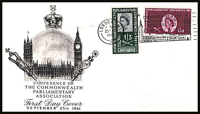 view larger back view image for Parliamentary Conference set of two on illustrated UNADDRESSED (pencil address removed)  FDC cancelled with the LONDON S.W.1 - PARLIAMENTARY CONFERENCE slogan dated 25 SEP 1961.
<br/><b>QZC</b>