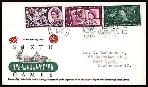 view larger back view image for Commonwealth Games set of three on a colour illustrated neatly typed addressed FDC cancelled with the CARDIFF slogan cancel reading ''EMPRIRE & COMMONWEALTH GAMES'' dated 18 JUL 1958 

<br/><b>QZC</b>