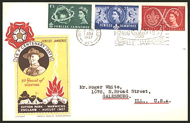 view larger back view image for World Scout Jubilee Jamboree set of three on a neatly typed addressed illustrated OFFICIAL FDC cancelled with the SUTTON COLDFIELD slogan cancel reading ''WORLD SCOUT JUBILEE JAMBOREE'' dated 1 AUG 1957. 

<br/><b>QZC</b>