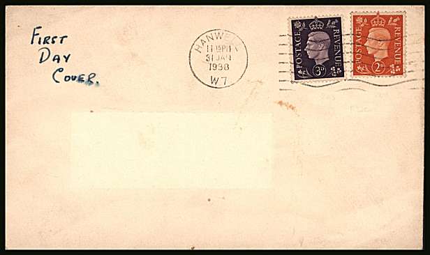 view larger back view image for 2d Orange and 3d Violet on a plain buff envelope <b>UNADDRESSED</b> (label removed) FDC cancelled with a HANWELL ''wavy line'' cancel dated 31 JAN 1938. SG Cat £110

<br/><b>QZC</b>