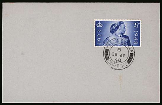 view larger back view image for Royal Silver Wedding 2½d single on a small <b>UNADDRESSED</b> envelope crisply cancelled with a CAMBRIDGE double ring CDS dated 26 AP 48
<br/><b>QZC</b>