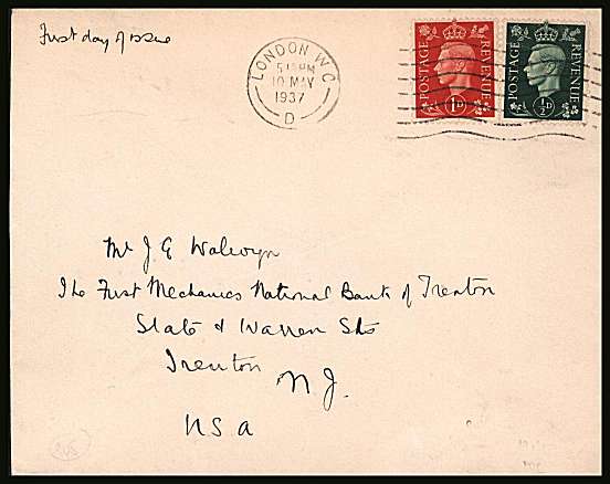 view larger back view image for The ½d Green and 1d Scarlet on a small plain FDC to USA cancelled with a LONDOPN WC ''slogan'' lightly dated 10 MAY 1937
<br/><b>QZC</b>