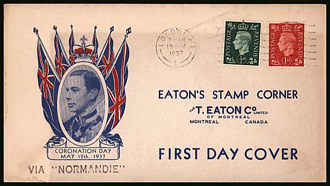 view larger back view image for ½d and 1d ''Dark Colours'' on a colour unaddressed (address printed at same time as cachet) envelope cancelled with a LONDON E.C. ''wavy line'' cancel dated 10 MAY 1937. 	

<br/><b>QZC</b>
