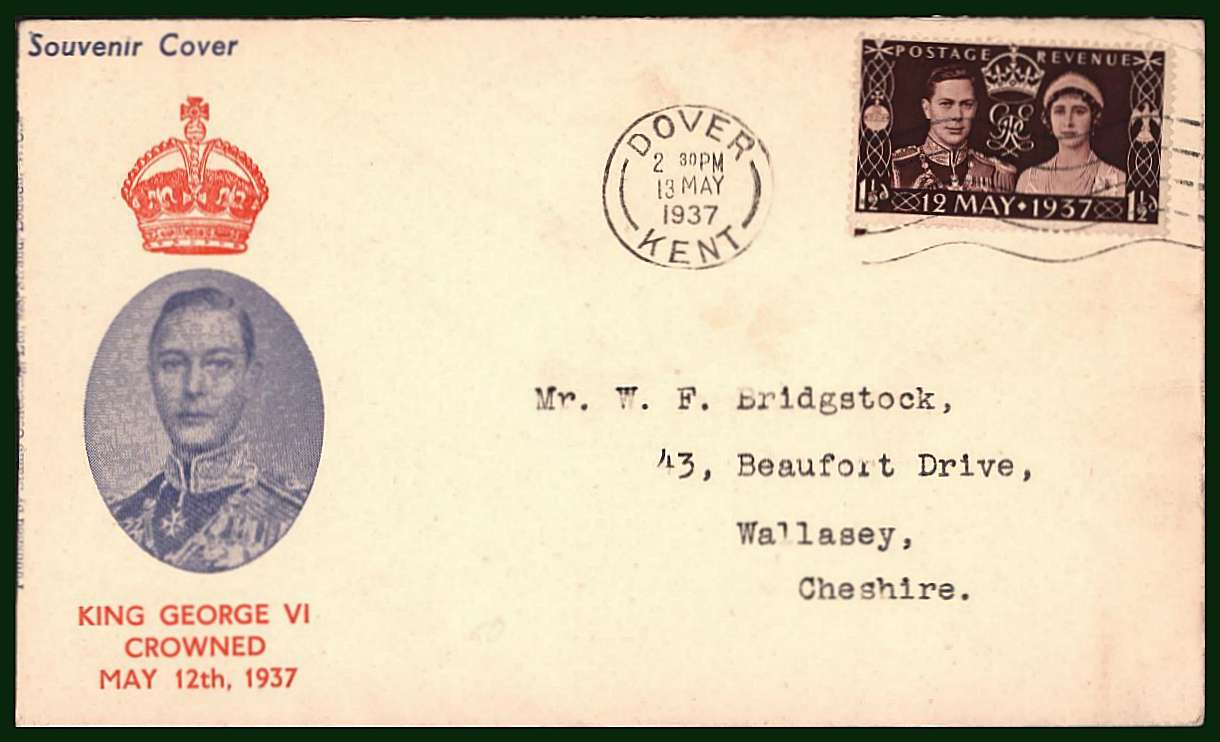 view larger back view image for Coronation single on two colour neatly typed addressed illustrated FDC clearly cancelled with a DOVER wavy line cancel dated 13 MAY 1937<br/><b>QZC</b>
