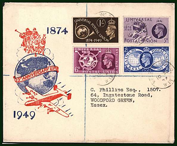 view larger back view image for 75th Anniversary of Universal Postal Union set of four on a REGISTERED illustrated, neatly typed addressed FDC cancelled with four strikes of a WEST EALING B.O.  dated 10 OCT 49 

<br/><b>QZC</b>
