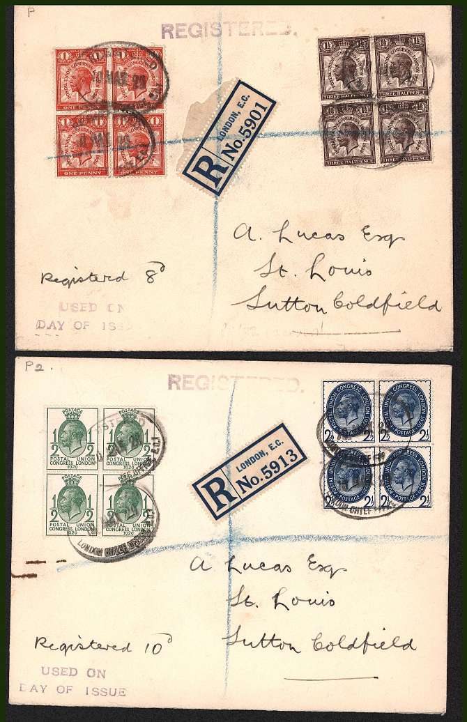 view larger back view image for The Postal Union Congress set of four in blocks of four on two neatly opened  ''matched'' registered First Day Cover cancelled 10 MAY 29 - LONDON CHIEF OFFICE E.C.1. Rare!  
<br/><b>QQG</b>