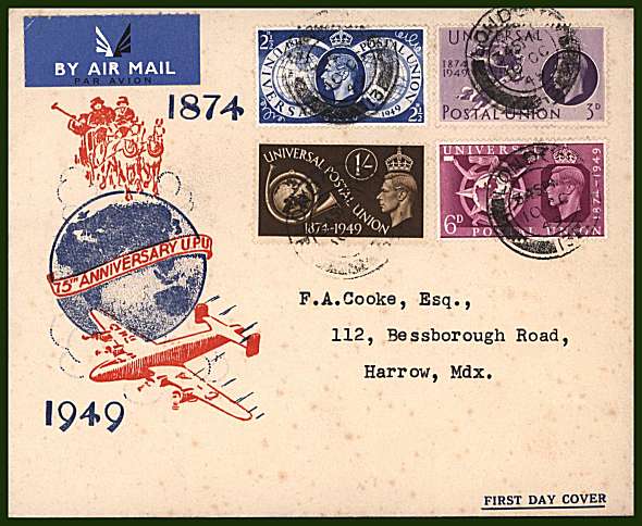 view larger back view image for 75th Anniversary of Universal Postal Union set of four each clearly cancelled with a LONDON double ring CDS dated 10 OC 49. Light wrinkling to envelope. Cat £70 
<br/><b>QQG</b>