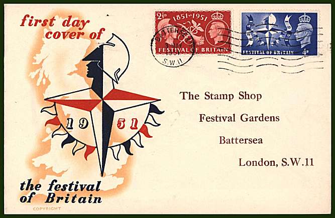 view larger back view image for Festival of Britain set of two on a colour illustrated FDC with prinred address to the stamp shop at the exhibition cancelled with BATTERSEA ''wavy line'' cancel dated 3 MAY 1951. Cat £60.00
<br/><b>QQG</b>