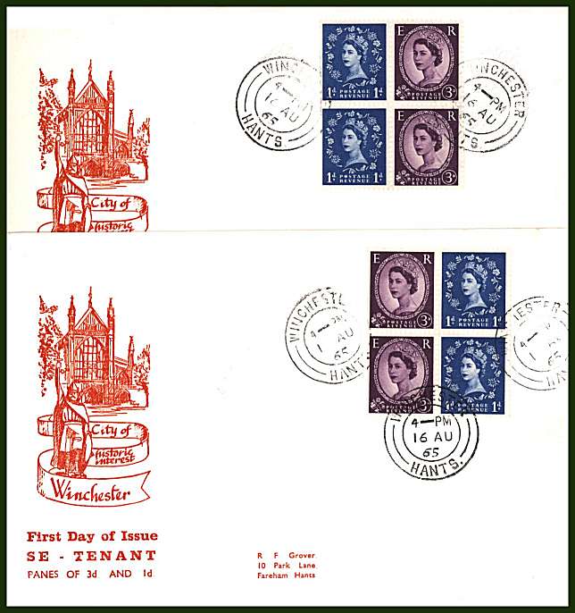 view larger back view image for The se-tenant pair of booklet pains of the 1d and 3d on a pair of matched llustrated GROVER FDC (technically unaddressed) cancelled with the WINCHESTER double ring CDS dated 16 AU 65.
Superb and rare!

<br/>Cat £170 
<br/><b>QQG</b>