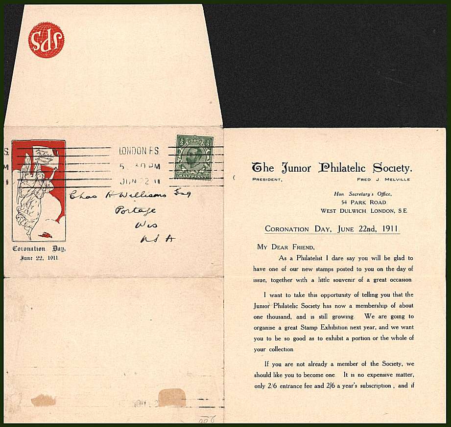 view larger back view image for ½d Pale Green on a JUNIOR PHILATELIC SOCIETY illustrated envelope (unfolded to display for the scan) cancelled with a LONDON F.S. machine cancel dated JUN 22 11. Superb!<br/>Cat £350 
<br/><b>QQG</b>