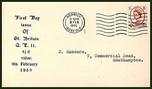 view larger back view image for 4½d Chestnut on an illustrated SANDERS small FDC cancelled with a NORWICH ''wavy line'' cancel dated 9 FEB 1959.Rare cover with a cachet. <br/>Cat £200
<br/><b>QQG</b>