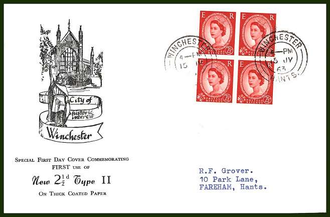 view larger back view image for 2½d Carmine-Red - Type II booklet pane of four on a neatly typed addressed illustrated FDC cancelled with two strikes of the WINCHESTER double ring CDS dated 15 JY 63.<br/>Cat £100

<br/><b>QQG</b>