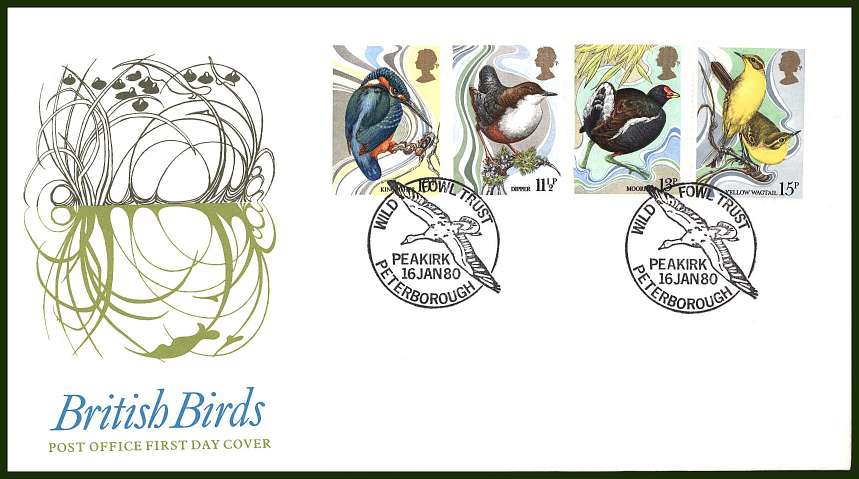 view larger back view image for British Birds set of four on an UNADDRESSED official colour Post Office FDC cancelled with two strikes of the special handstamp for WILD FOWL TRUST - PEAKIRK - PETERBOROUGH

dated 16 JAN 1980
<br/><b>QQG</b>