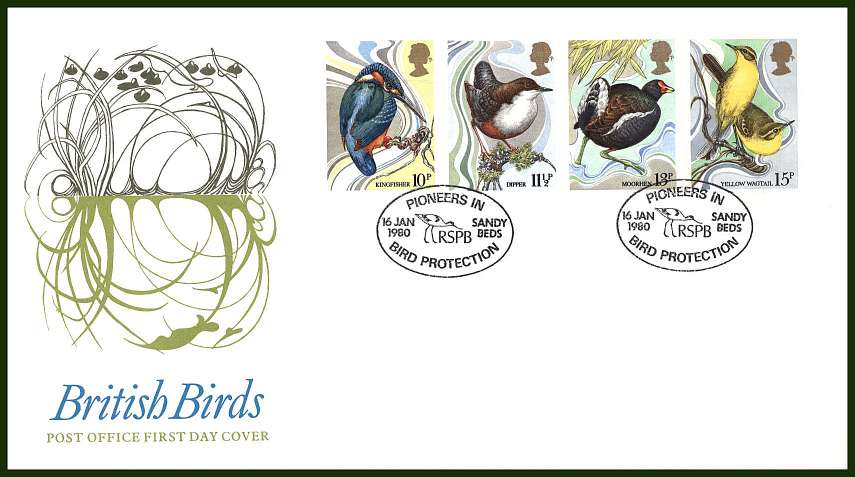 view larger back view image for British Birds set of four on an UNADDRESSED official colour Post Office FDC cancelled with two strikes of the special handstamp for RSPB - PIONEERS IN BIRD PROTECTION - SANDY BEDS

dated 16 JAN 1980
<br/><b>QQG</b>