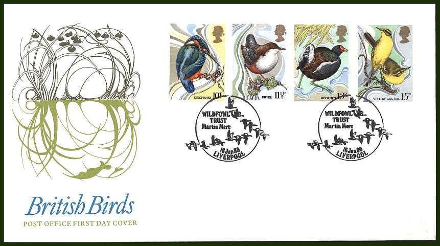 view larger back view image for British Birds set of four on an UNADDRESSED official colour Post Office FDC cancelled with two strikes of the special handstamp for
WILDFOWL TRUST - MARTIN MERE - LIVERPOOL
dated 16 JAN 80
<br/><b>QQG</b>