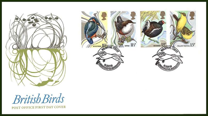 view larger back view image for British Birds set of four on an UNADDRESSED official colour Post Office FDC cancelled with two strikes of the special handstamp for
WILDFOWN TRUST - SLIMBRIDGE - GLOUCESTER
dated 16 JAN 80
<br/><b>QQG</b>