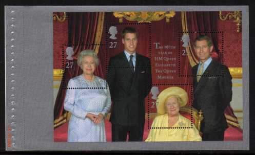 view larger image for SG MS2161a (4 Aug 2000) - Queen Mother's 100th Birthday minisheet booklet pane with Silver frame from Prestige Stamp Booklet (DX25)