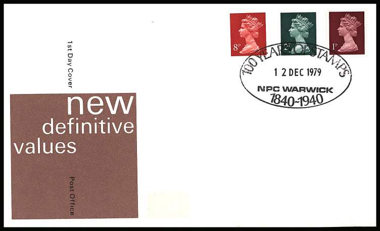 view larger back view image for MACHIN - 1p 2p PCP and 8p Enschede on an unaddressed (label removed) OFFICIAL FDC cancelled with the 100 YEARS OF STAMPS  - NPC WARWICK dated 12 DEC 1979.<br/>Scarce FDC!!<br/><b>KKP</b>