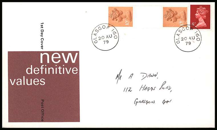 view larger back view image for 8p and 10p Gutter Pair MACHIN on a hand addressed OFFICIAL Post Office FDC cancelled with two strikes of a GLASGOW steel CDS dated 20 AU 79. Seldom seen cover! 
<br/><b>KKP</b>