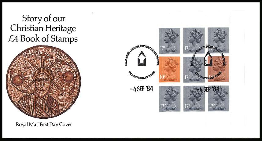 view larger back view image for ''Christian Heritage'' Machin booklet pane on an unaddressed official Royal Mail FDC cancelled with two strikes of the ST JAMES'S CHURCH - PICCADILLY W1 - TERCENTENARY YEAR handstamp dated 4 SEP 84
<br/><b>KKP</b>