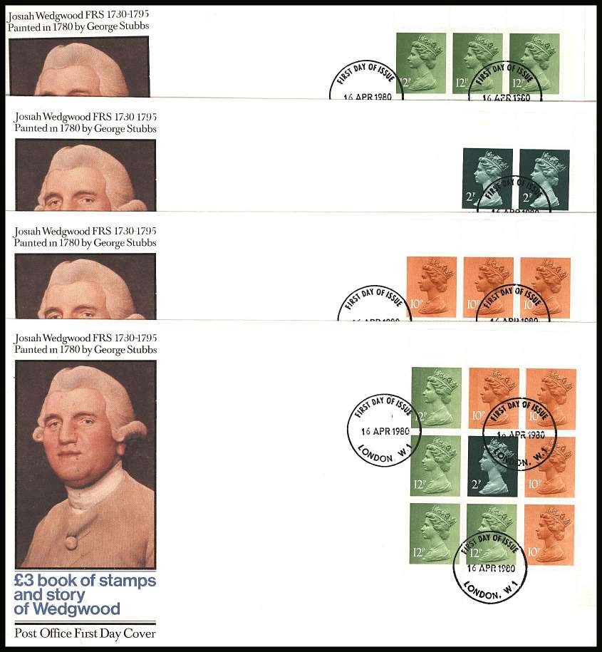 view larger back view image for ''Story of Wedgewood'' Machin booklet panes The set of four on unaddressed official Post Office FDCs each cancelled with the LONDON W.1 FDI dated 16 APR 1980 
<br/><b>KKP</b>