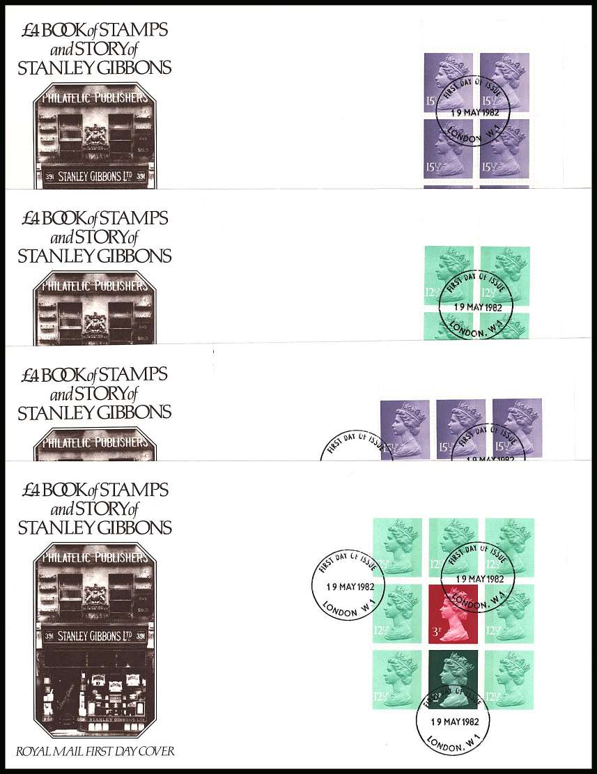view larger back view image for ''Stanley Gibbons'' set of four booklet panes on four Royal Mail unaddressed FDC's cancelled witha LONDON W.1 FDI cancel dated 19 MAY 1982
<br/><b>KKP</b>