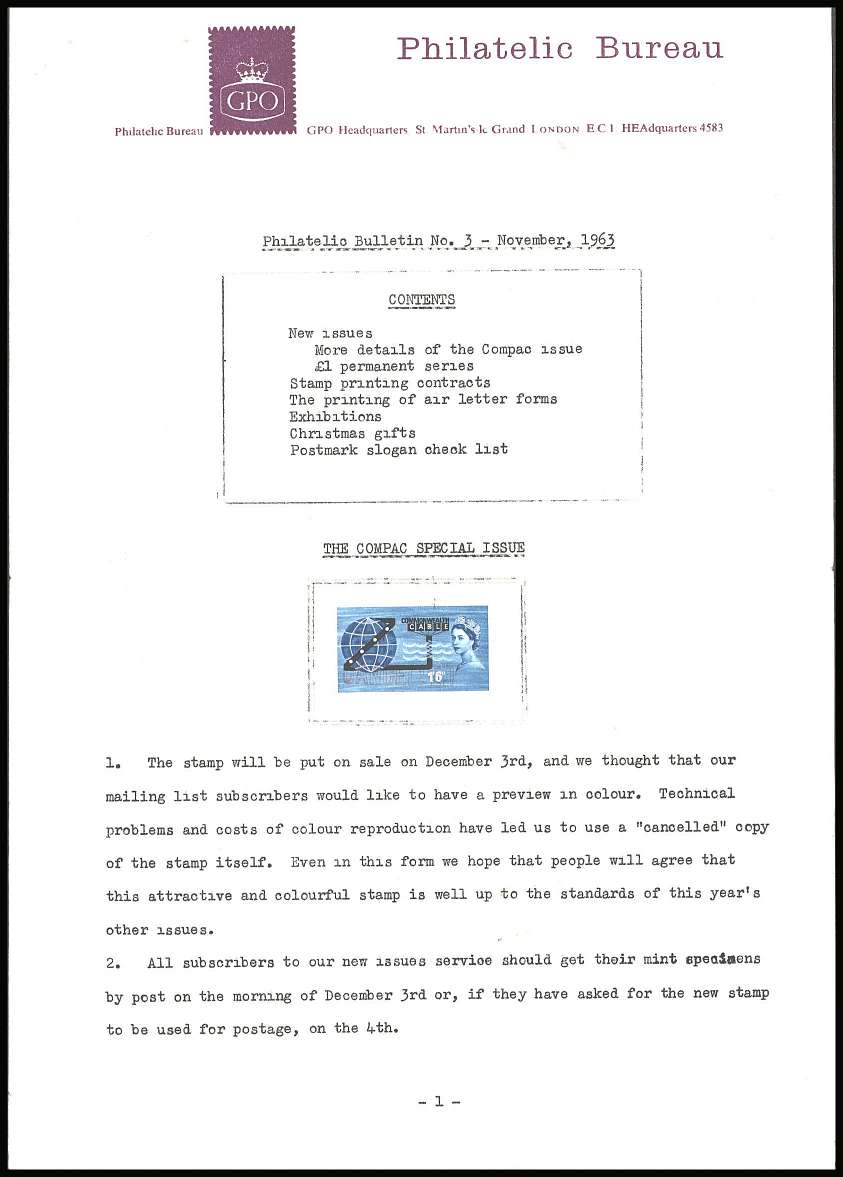 view larger image for SG 645s (1963) - COMPAC Telephone Cable single<br/> on the complete PHILATELIC BULLETIN No3 handstamped on the stamp CANCELLED in Red.<br/>Not seen very often these days.<br/>
SG SPEC Cat W40s