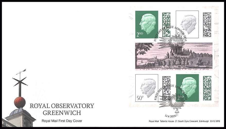 view larger back view image for Royal Observatory Greenwich booklet pane on an unaddressed official Royal Mail FDC cancelled with the official alternative FDI cancel for LONDON SE10 dated 12.6.2025