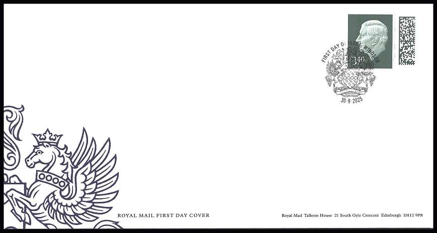 view larger back view image for King Charles III New Definitive - Barcode single - £3.40 on an unaddressed official Royal Mail FDC cancelled with the official alternative FDI cancel for WINDSOR dated 30.9.2025
