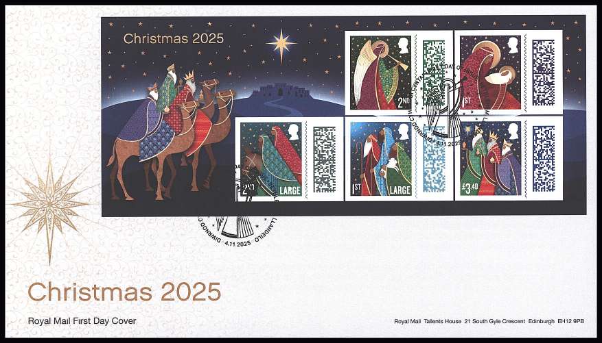 view larger back view image for Christmas minisheet on an unaddressed official Royal Mail FDC cancelled with the official alternative FDI cancel for BETHLEHEM - LLANDEILO
dated 4.11.2025