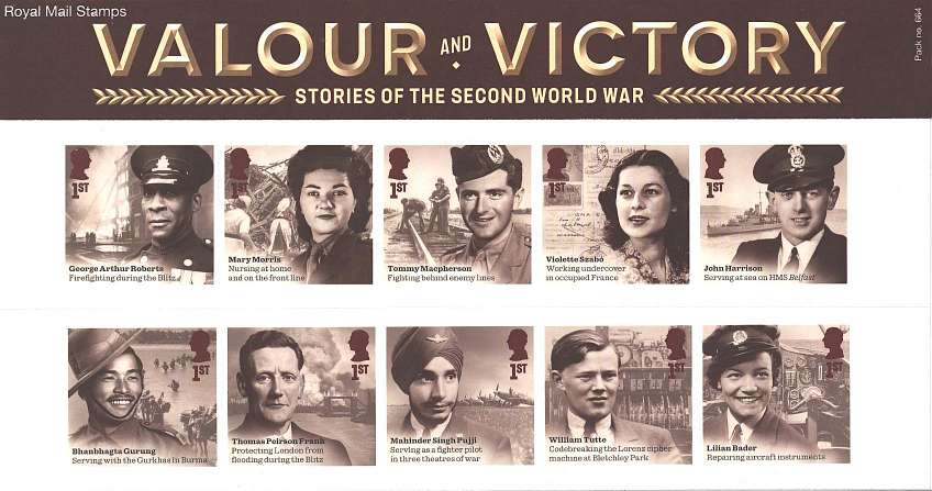 Stamp Image: view larger back view image for Valour and Victory<br/>
Note this pack is double sided set on one side, minisheet on other
<br/><br/>
Pack: 664
