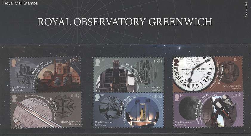 Stamp Image: view larger back view image for Royal Observatory Greenwich<br/>
Note this pack is double sided set on one side, minisheet on other
<br/>
<br/>
Pack: 666