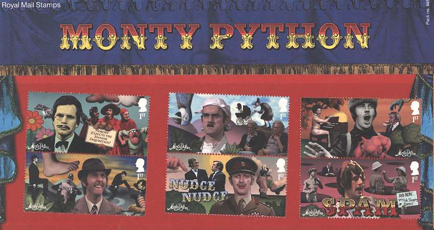 Stamp Image: view larger back view image for Monty Python<br/>
Note this pack is double sided set on one side, minisheet on other
<br/><br/>
Pack: 669